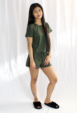 2 piece set lounge wear short sleeve short pants olive green slippers casual outfit