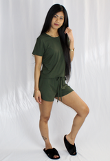 2 piece set lounge wear short sleeve short pants olive green slippers casual outfit