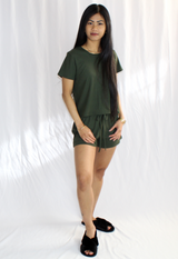 2 piece set lounge wear short sleeve short pants olive green slippers casual outfit