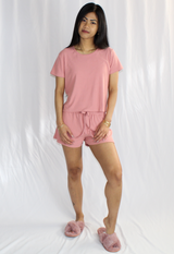 2 piece set lounge wear short sleeve short pants pink slippers casual outfit