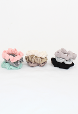 3 piece scrunchie set in light silver, nude, purple and silver