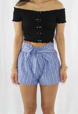 blue stripe paperbag shorts