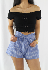 blue stripe paperbag shorts