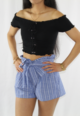 blue stripe paperbag shorts