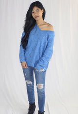 blue v-neck long sleeve sweater