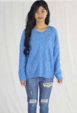 blue v-neck long sleeve sweater