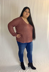 blush 2 tone v-neck knit ribbed plus size sweater