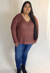 blush 2 tone v-neck knit ribbed plus size sweater