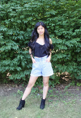 distressed denim paperbag shorts