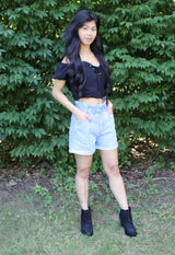 distressed denim paperbag shorts