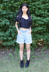 distressed denim paperbag shorts