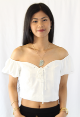 luxurious off shoulder white crop top