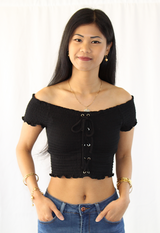 off shoulder black ribbed crop top