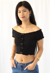 off shoulder black ribbed crop top
