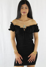 ruffled sleeve smocked bodycon mini dress in black