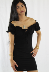 ruffled sleeve smocked bodycon mini dress in black