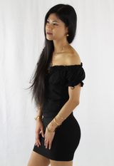 ruffled sleeve smocked bodycon mini dress in black