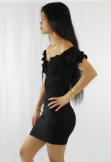 ruffled sleeve smocked bodycon mini dress in black