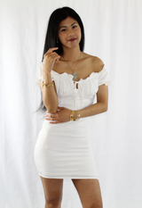 ruffled sleeve smocked bodycon mini dress in white