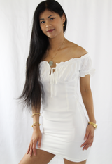 ruffled sleeve smocked bodycon mini dress in white