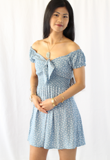 sky blue off shoulder floral tie dress