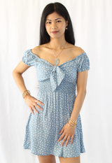 sky blue off shoulder floral tie dress