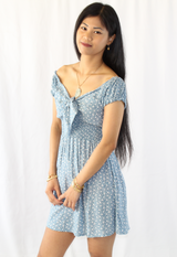 sky blue off shoulder floral tie dress