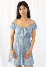 sky blue off shoulder floral tie dress