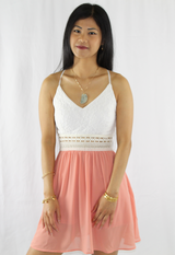 white lace crochet pink mini dress