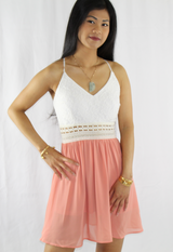 white lace crochet pink mini dress