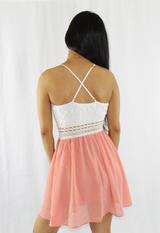 white lace crochet pink mini dress