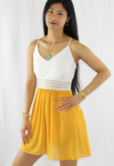 white lace crochet yellow mini dress