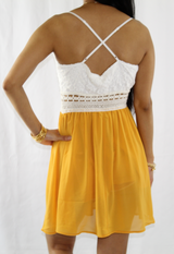 white lace crochet yellow mini dress