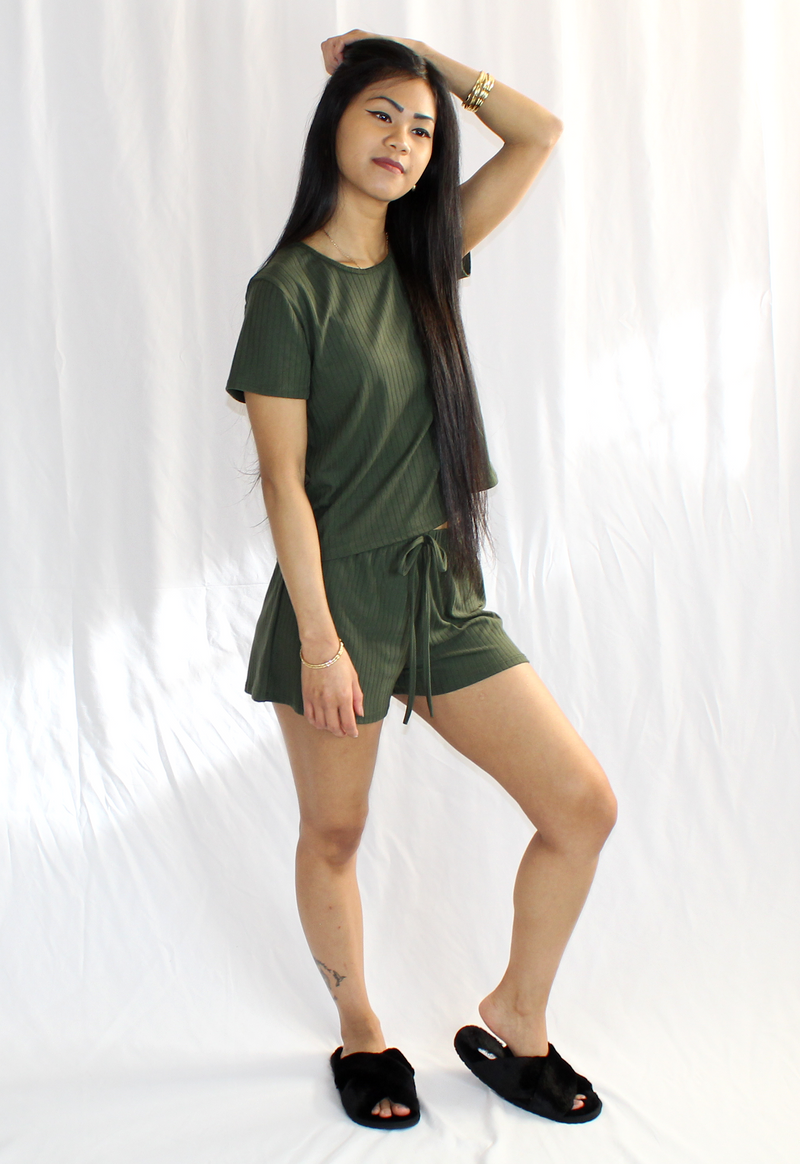 2 piece set lounge wear short sleeve short pants olive green slippers casual outfit