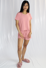 2 piece set lounge wear short sleeve short pants pink slippers casual outfit