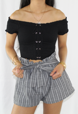 black stripe paperbag shorts