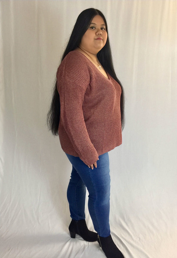 blush 2 tone v-neck knit ribbed plus size sweater