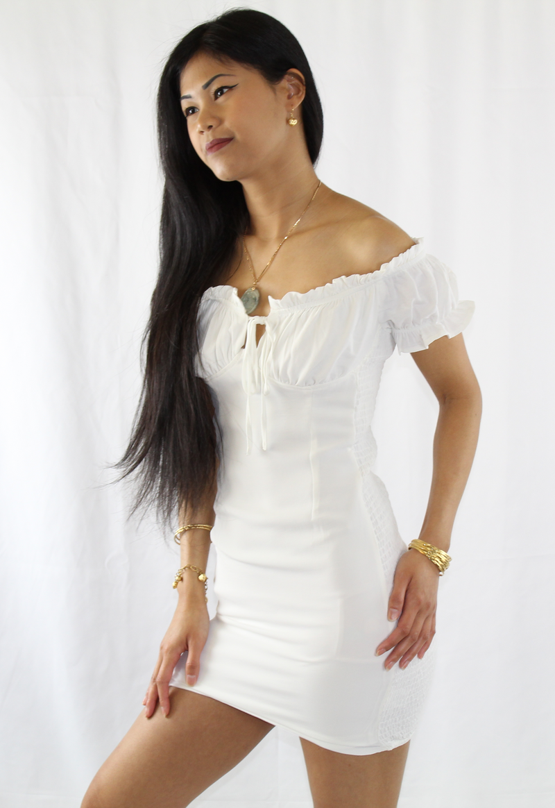 ruffled sleeve smocked bodycon mini dress in white