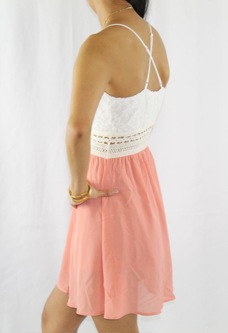 white lace crochet  pink mini dress