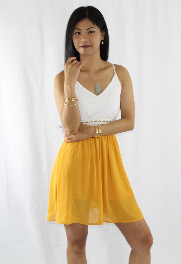 white lace crochet  yellow mini dress