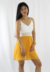 white lace crochet  yellow mini dress