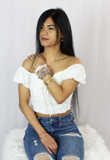 young woman displaying 3 piece scrunchie set
